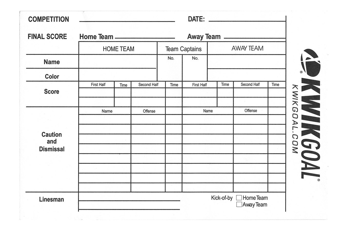 Kwik Goal Referee Score Sheets